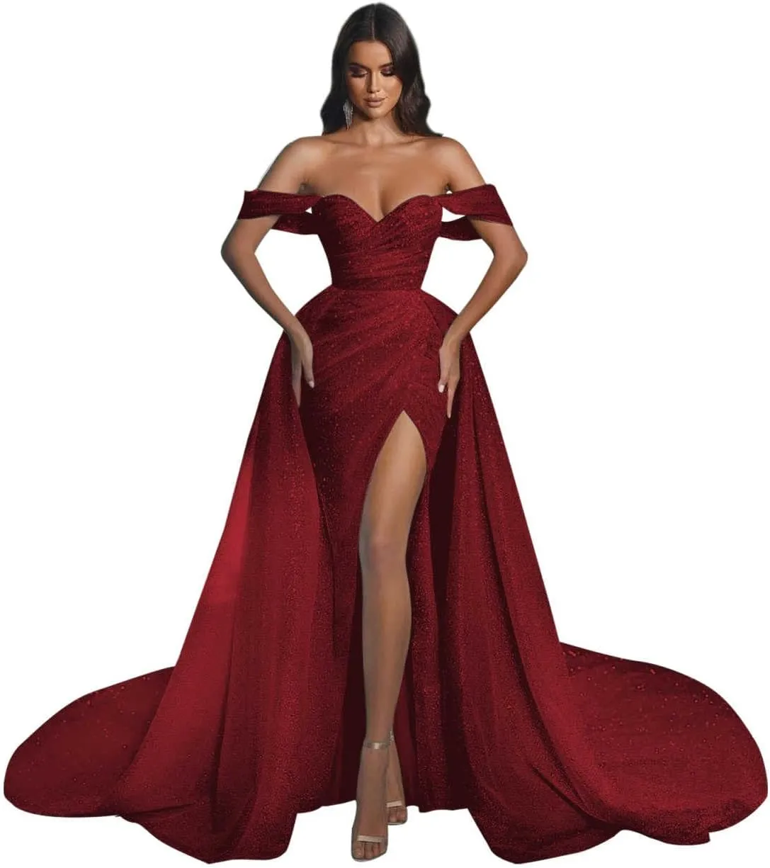 Women's Off The Shoulder Prom Dresses Long Ball Gown with Tran Sparkly Sequins Mermaid Formal Evening Gown