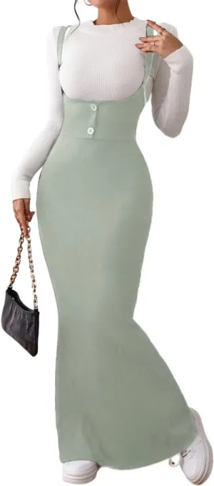 Women's Overall Dress Maxi Suspender Skirt Bodycon Ribbed Dress Adjustable Strap Without Shirt