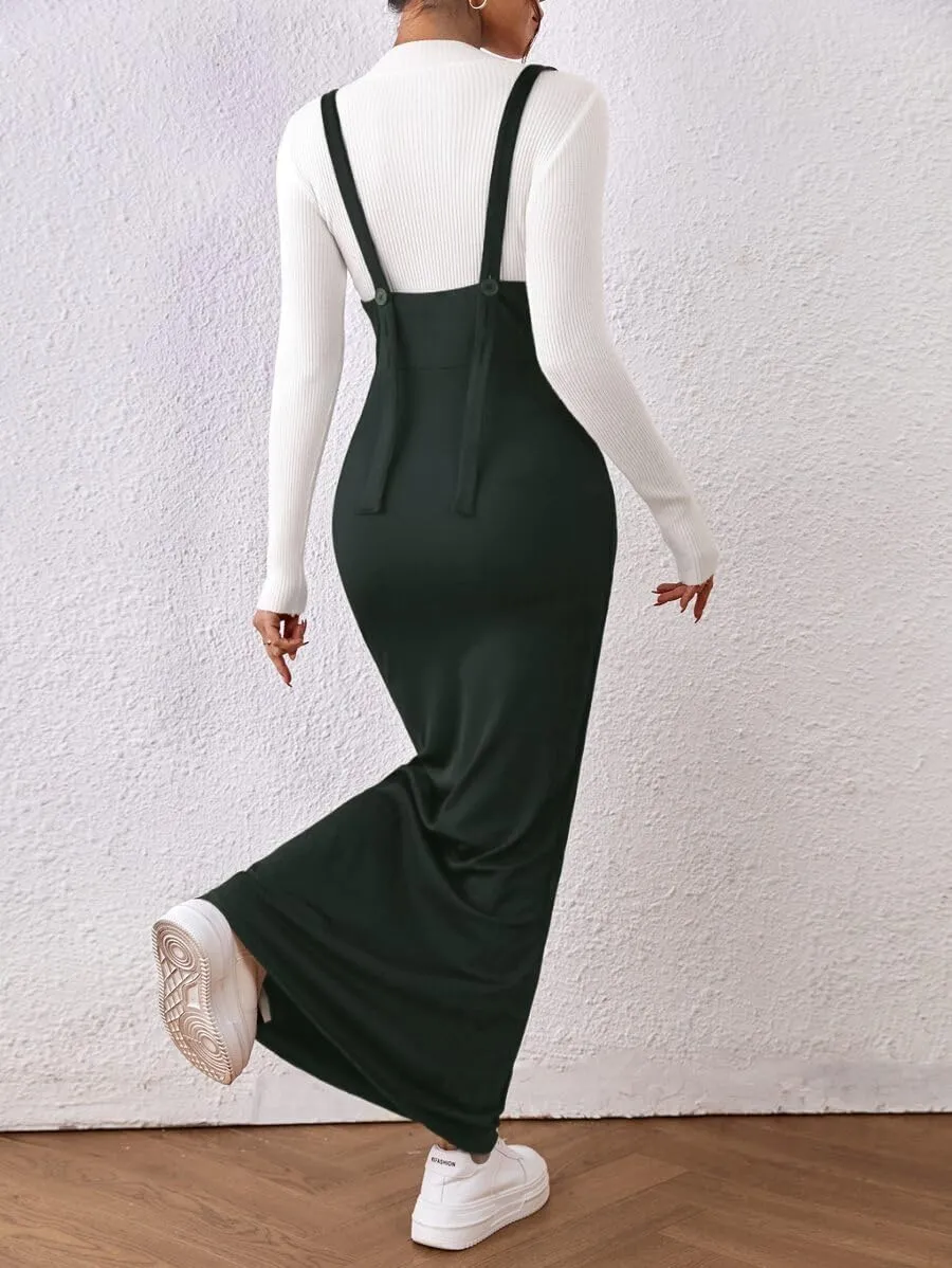 Women's Overall Dress Maxi Suspender Skirt Bodycon Ribbed Dress Adjustable Strap Without Shirt