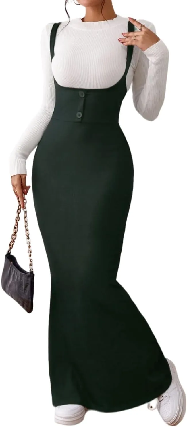 Women's Overall Dress Maxi Suspender Skirt Bodycon Ribbed Dress Adjustable Strap Without Shirt