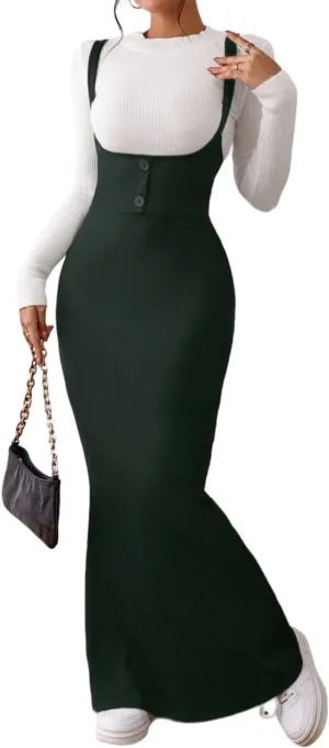 Women's Overall Dress Maxi Suspender Skirt Bodycon Ribbed Dress Adjustable Strap Without Shirt