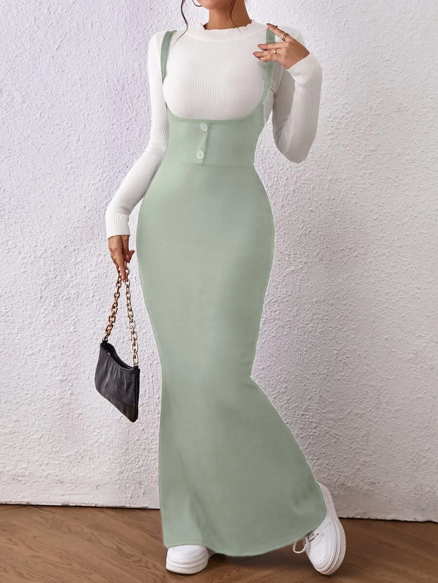 Women's Overall Dress Maxi Suspender Skirt Bodycon Ribbed Dress Adjustable Strap Without Shirt