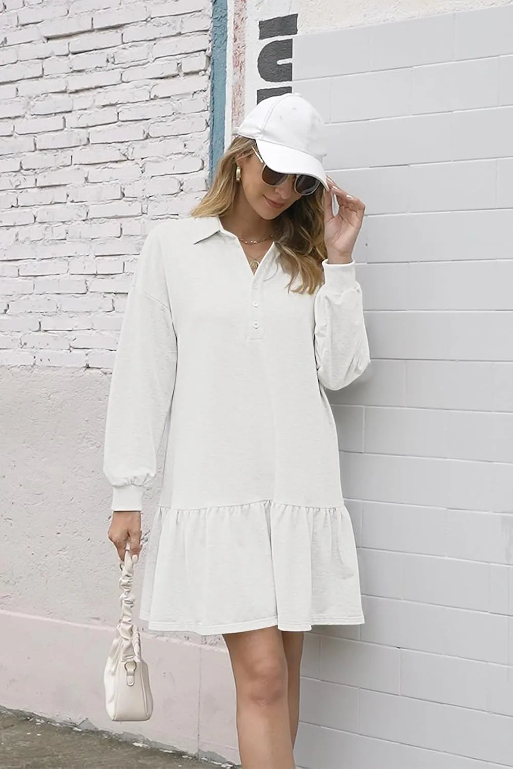 Womens Oversized Sweatshirt Dress Spring Fall Trendy Long Sleeve Button Lapel Pullover Mini Dresses
