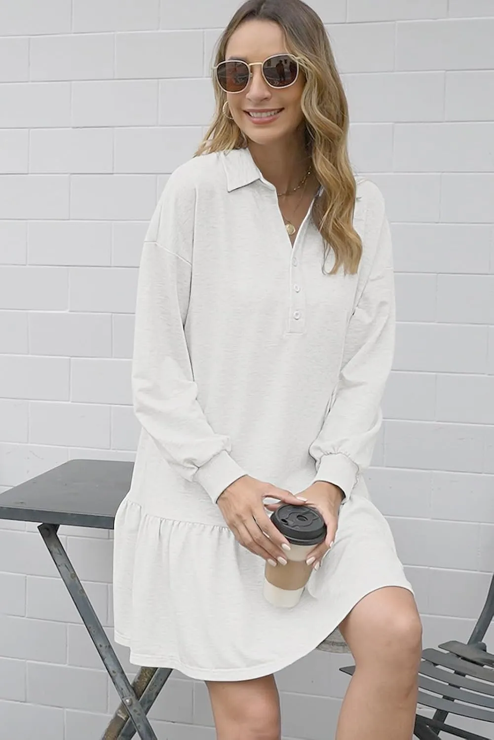 Womens Oversized Sweatshirt Dress Spring Fall Trendy Long Sleeve Button Lapel Pullover Mini Dresses