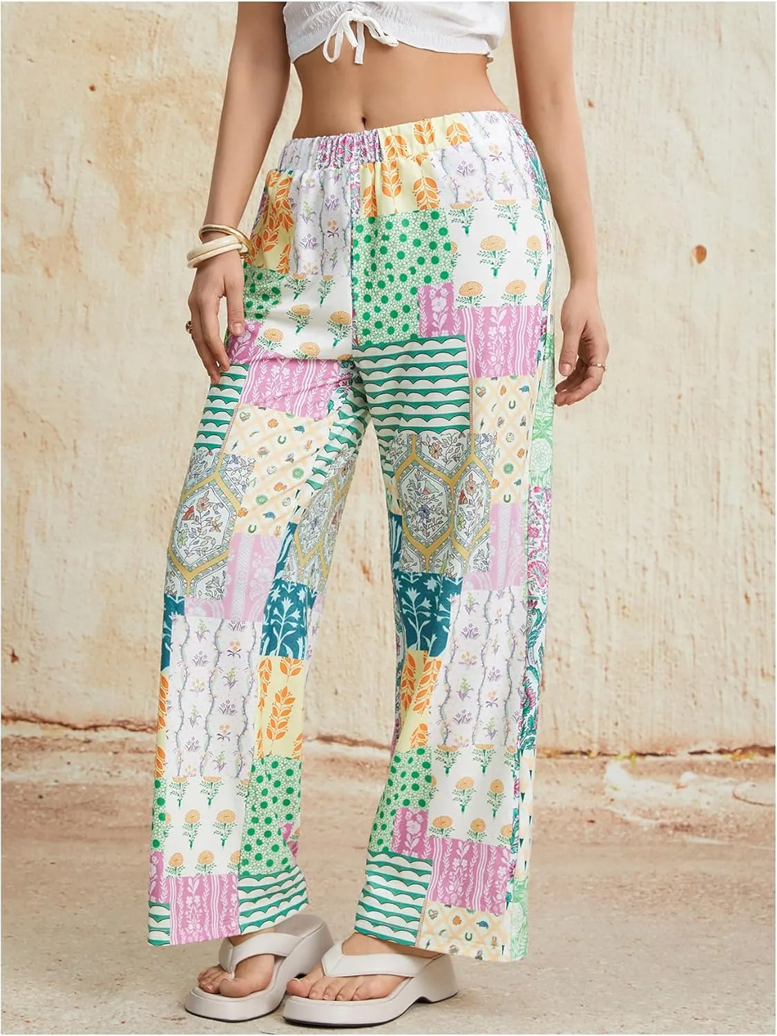 Women's Patchwork Graphic Pant Colorblock High Waisted Straight Leg Boho Pants
