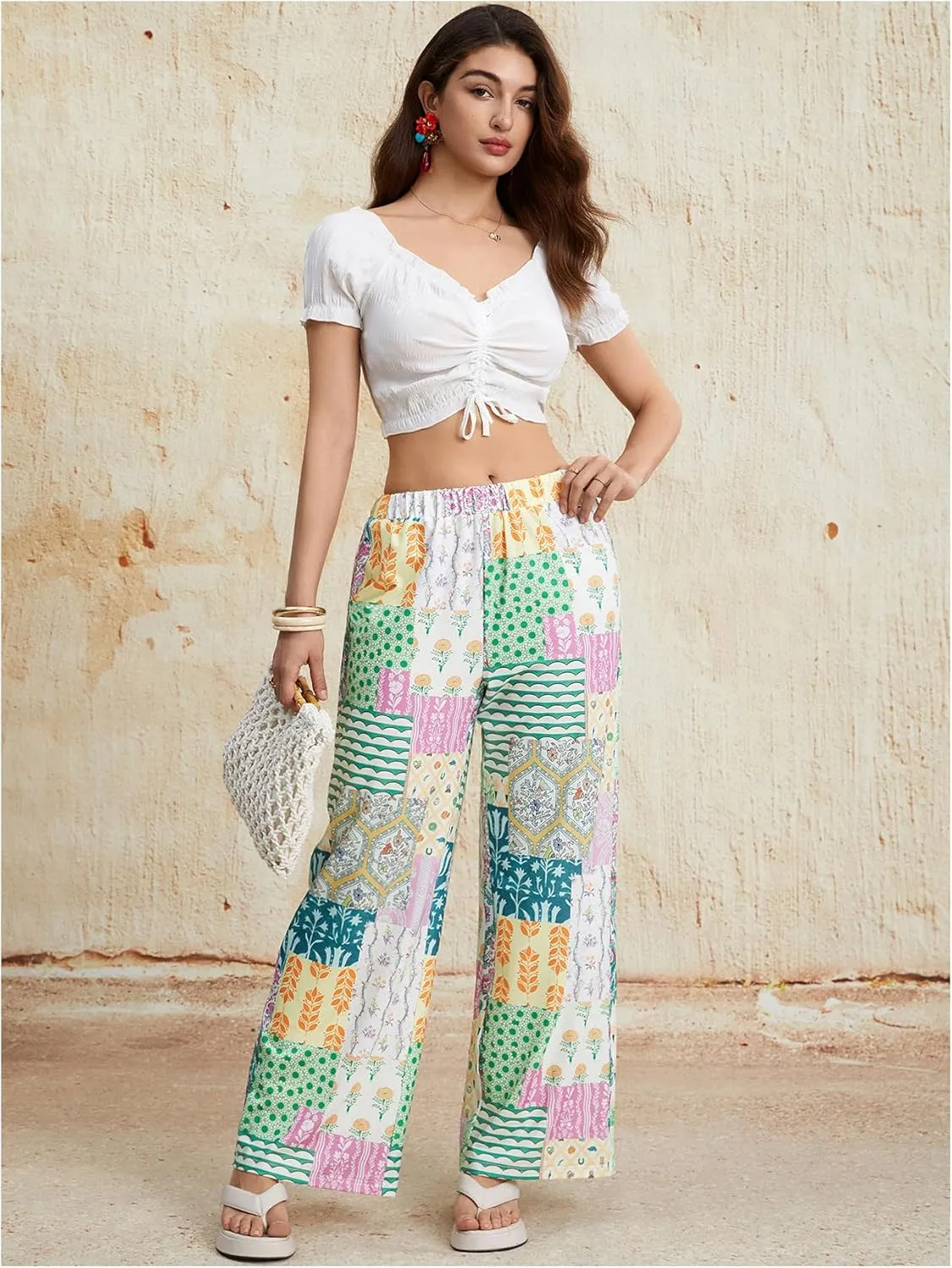 Women's Patchwork Graphic Pant Colorblock High Waisted Straight Leg Boho Pants