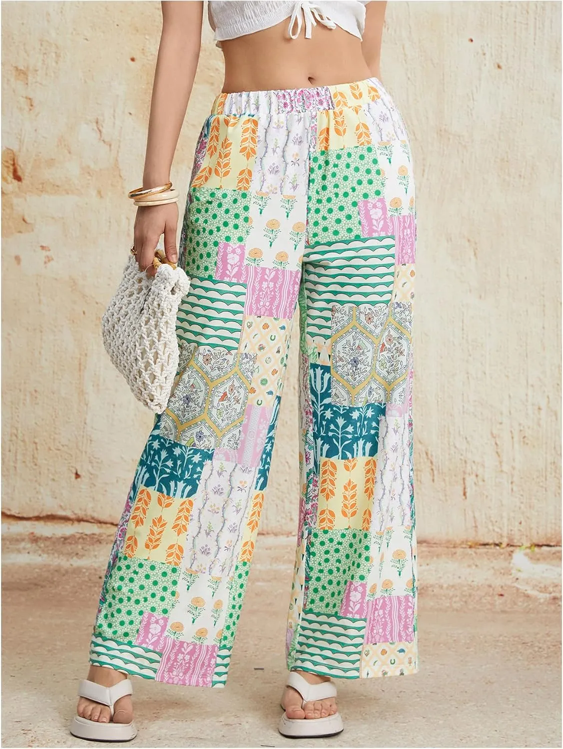 Women's Patchwork Graphic Pant Colorblock High Waisted Straight Leg Boho Pants