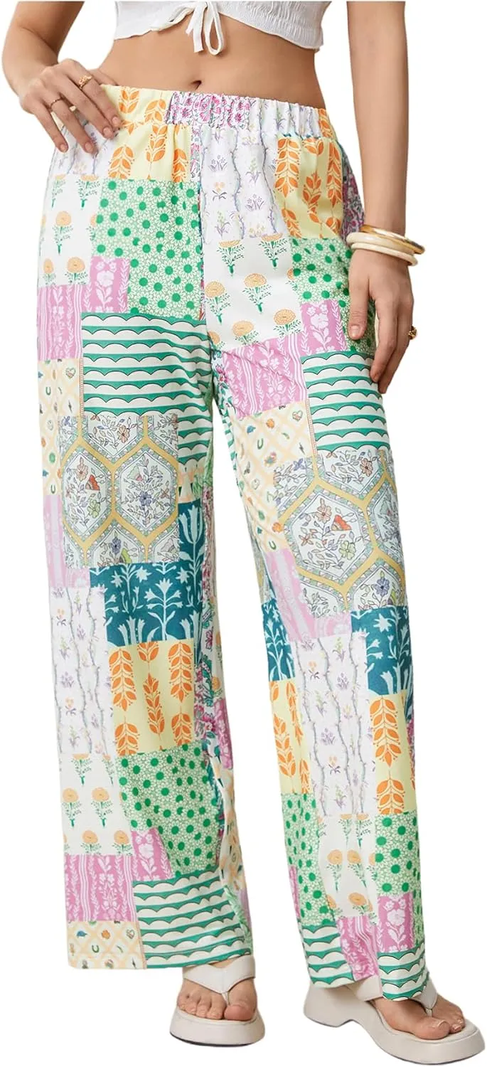 Women's Patchwork Graphic Pant Colorblock High Waisted Straight Leg Boho Pants
