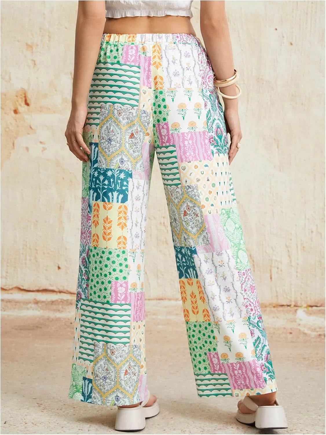 Women's Patchwork Graphic Pant Colorblock High Waisted Straight Leg Boho Pants