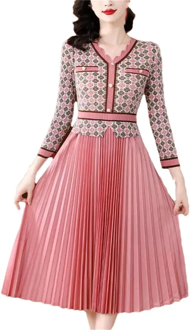 Women's Plus Size Pleated Skirt Loose Patchwork Plaid A-Line Dress