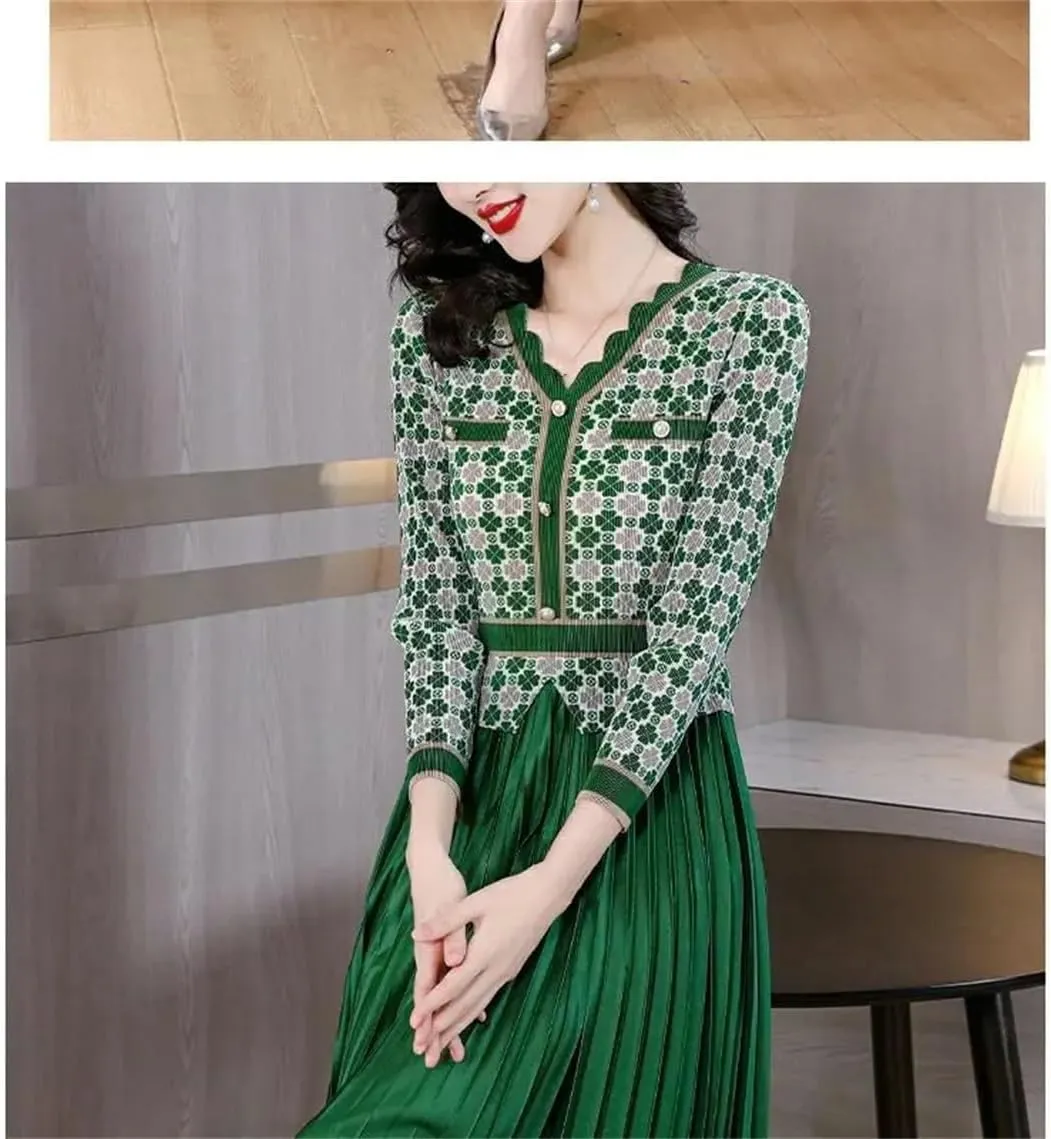 Women's Plus Size Pleated Skirt Loose Patchwork Plaid A-Line Dress