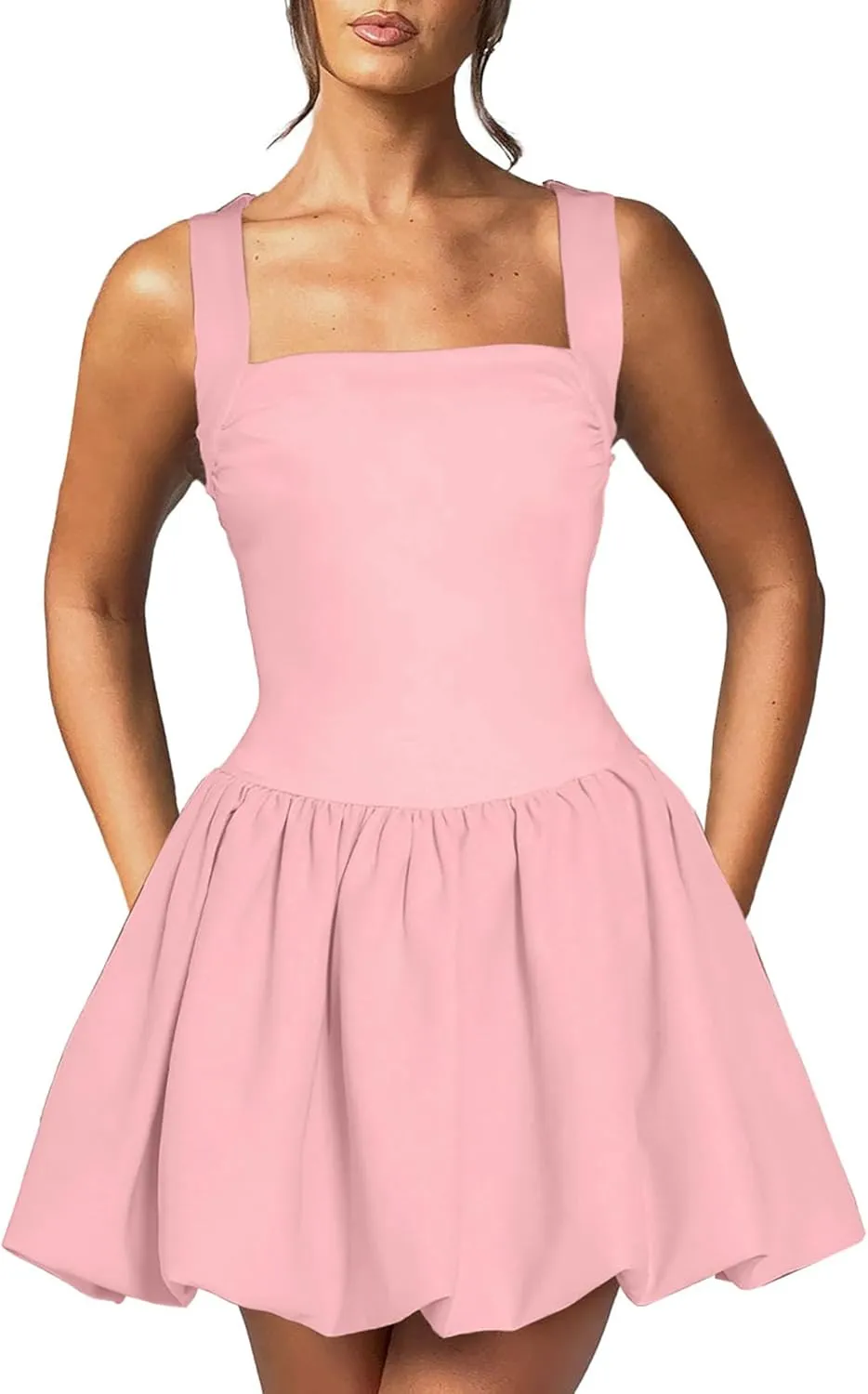 Women's Ruffle Bubble Mini Dress Sleeveless Square Neck Short Tank Dresses Party Club