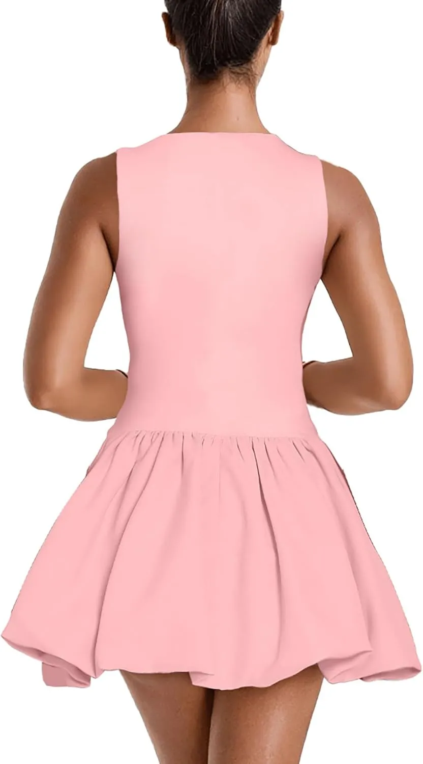 Women's Ruffle Bubble Mini Dress Sleeveless Square Neck Short Tank Dresses Party Club