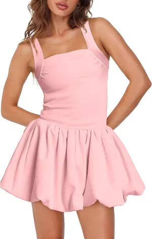 Women's Ruffle Bubble Mini Dress Sleeveless Square Neck Short Tank Dresses Party Club