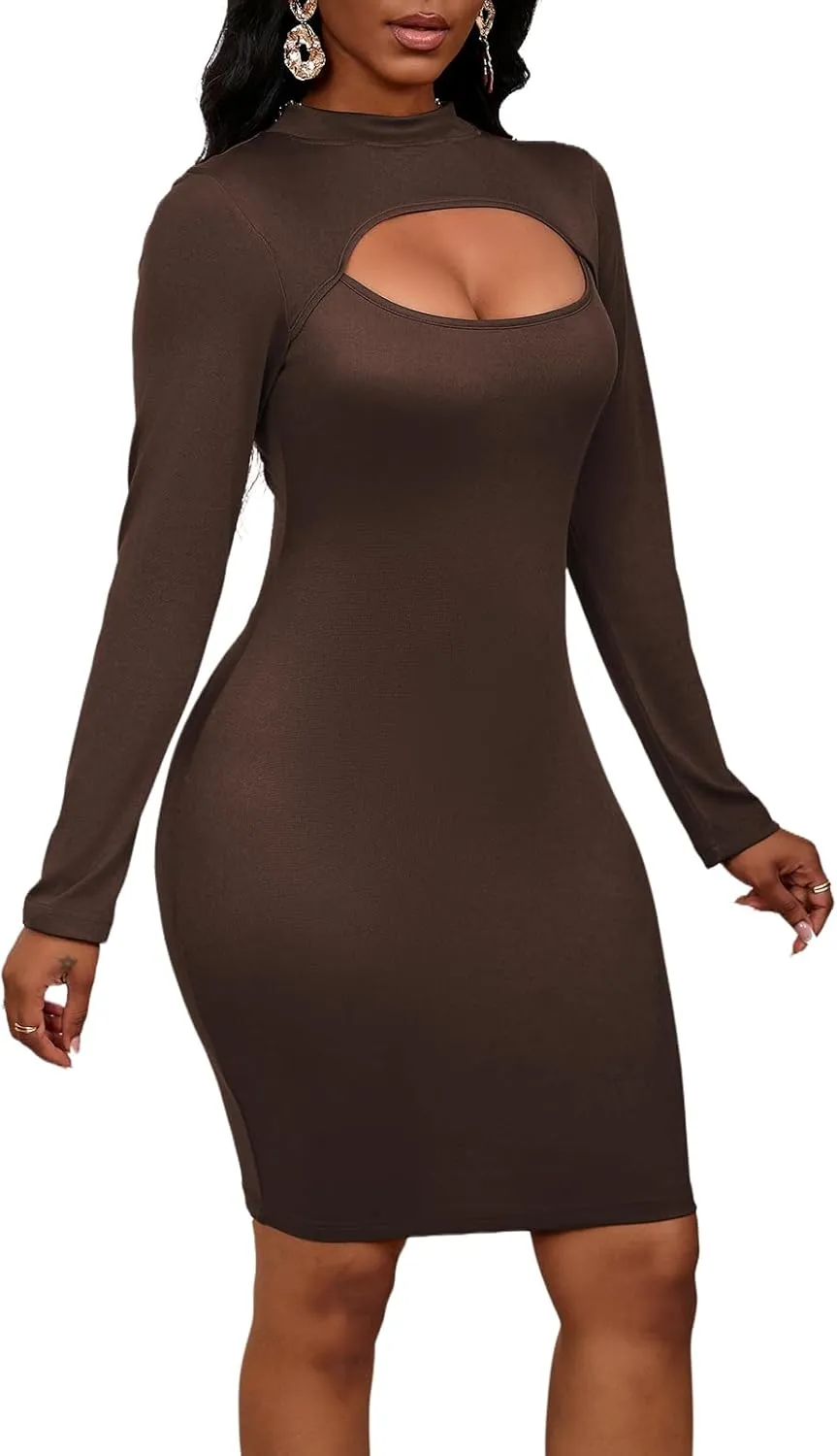 Women's Sexy Bodycon Club Party Mini Dress Cut Out Long Sleeve Mock Neck Dresses