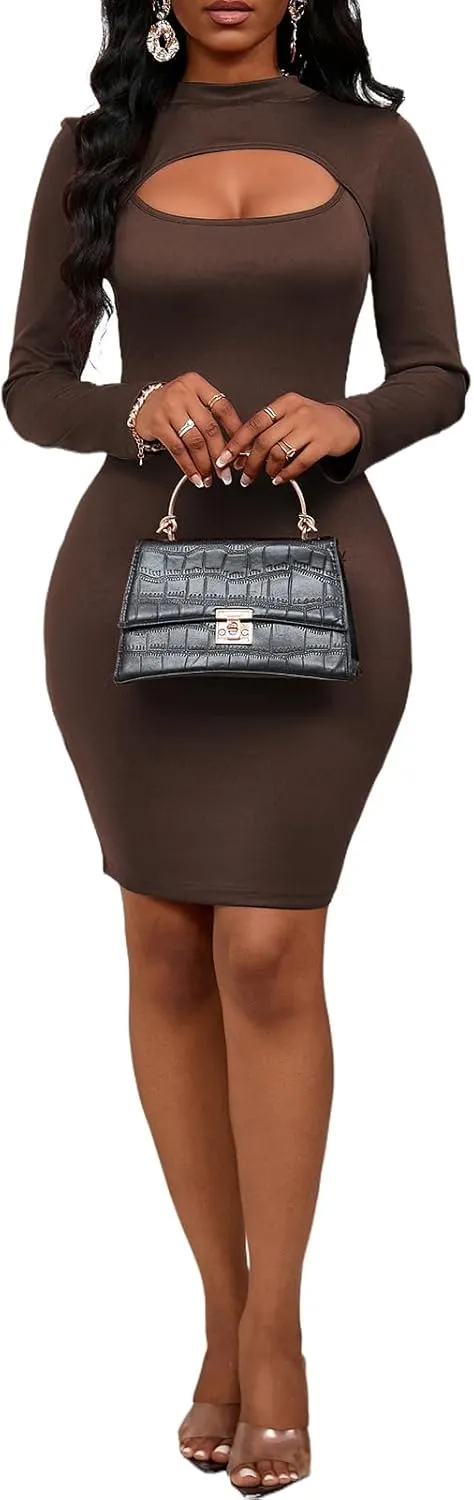 Women's Sexy Bodycon Club Party Mini Dress Cut Out Long Sleeve Mock Neck Dresses