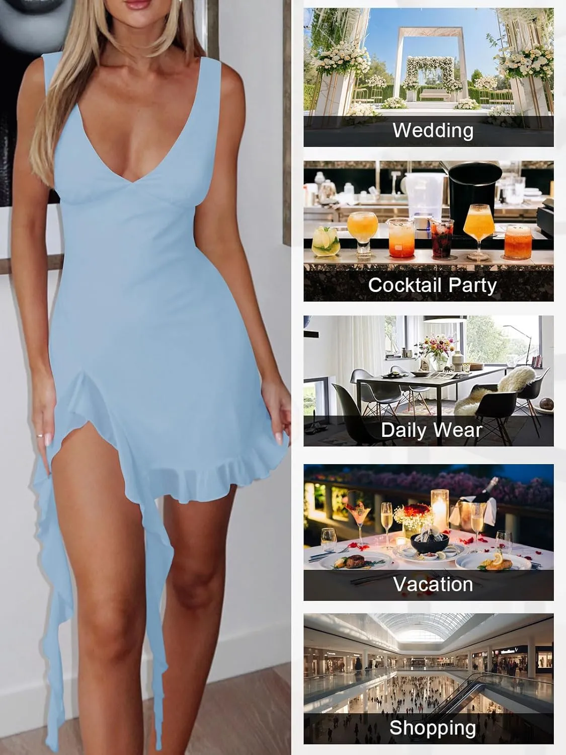 Womens Sexy Deep V Neck Mini Dress for Women Y2K Side Slit Going Out Cocktail Wedding Party Ruffle Short Dresses