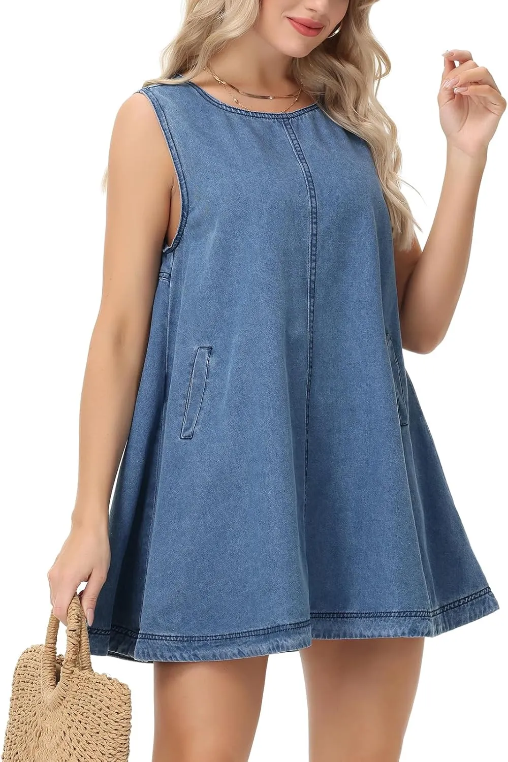 Women's Sleeveless Casual Denim Dress Crewneck Vintage Babydoll Jean Mini Dresses with Pockets