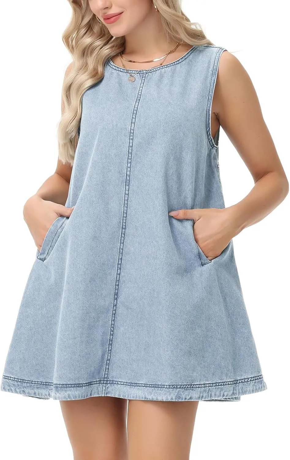 Women's Sleeveless Casual Denim Dress Crewneck Vintage Babydoll Jean Mini Dresses with Pockets