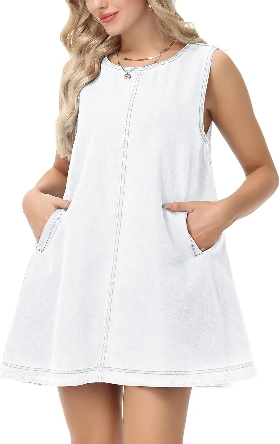 Women's Sleeveless Casual Denim Dress Crewneck Vintage Babydoll Jean Mini Dresses with Pockets