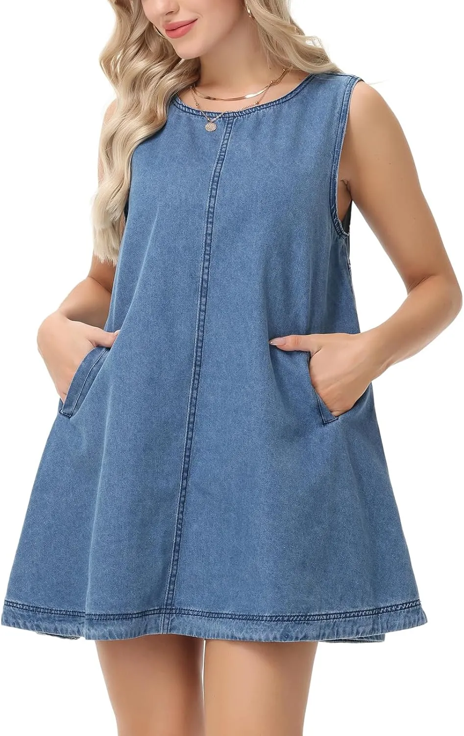Women's Sleeveless Casual Denim Dress Crewneck Vintage Babydoll Jean Mini Dresses with Pockets