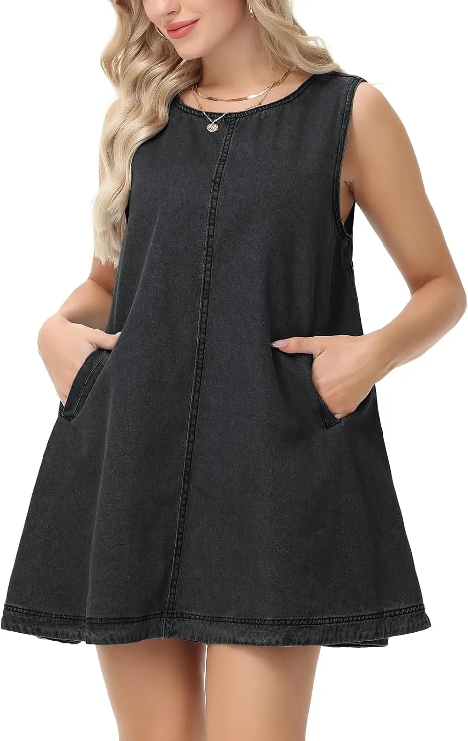 Women's Sleeveless Casual Denim Dress Crewneck Vintage Babydoll Jean Mini Dresses with Pockets