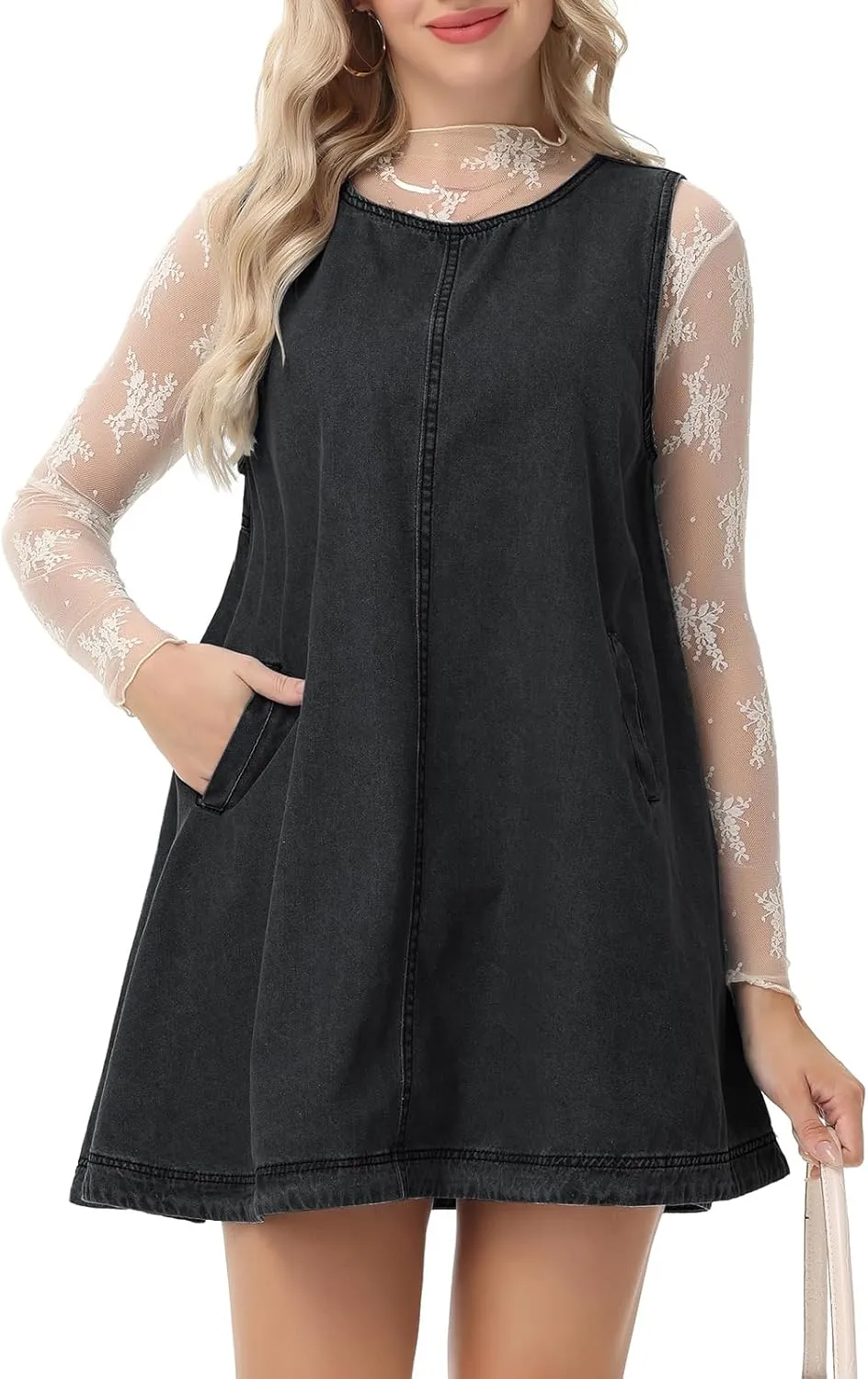 Women's Sleeveless Casual Denim Dress Crewneck Vintage Babydoll Jean Mini Dresses with Pockets