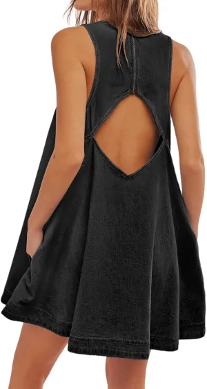 Women's Sleeveless Casual Denim Dress Crewneck Vintage Babydoll Jean Mini Dresses with Pockets