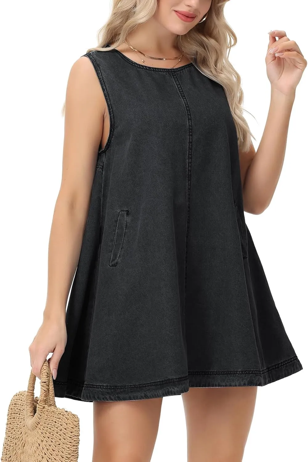 Women's Sleeveless Casual Denim Dress Crewneck Vintage Babydoll Jean Mini Dresses with Pockets