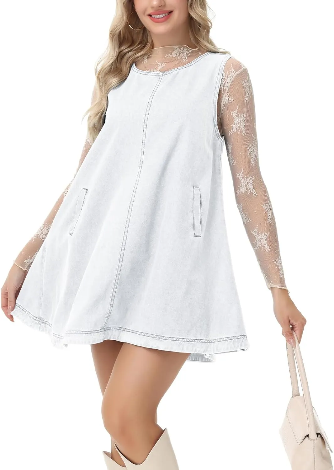 Women's Sleeveless Casual Denim Dress Crewneck Vintage Babydoll Jean Mini Dresses with Pockets
