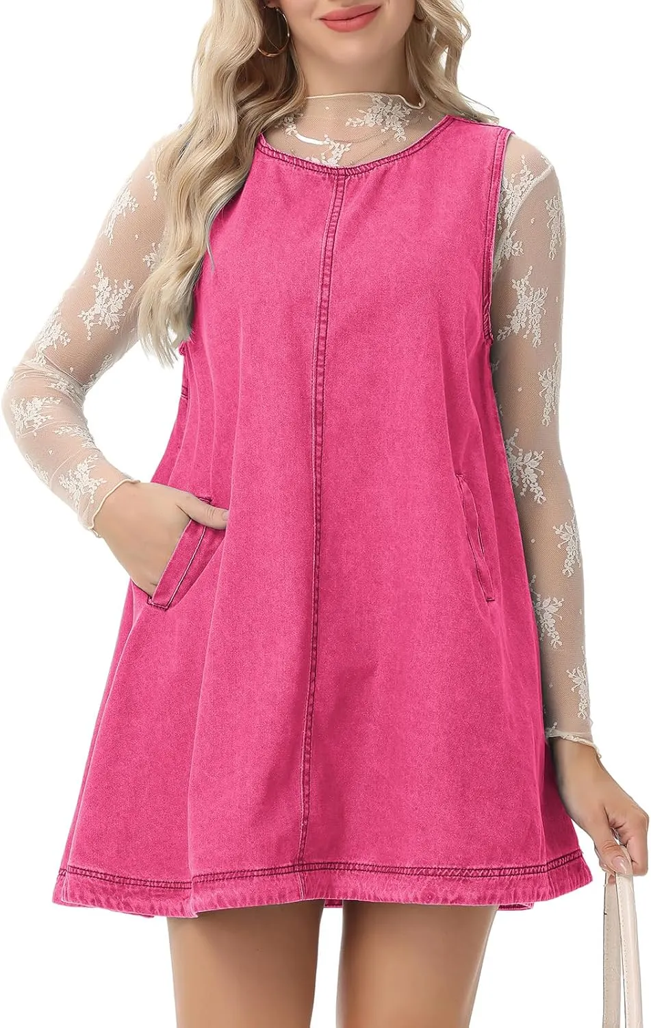 Women's Sleeveless Casual Denim Dress Crewneck Vintage Babydoll Jean Mini Dresses with Pockets