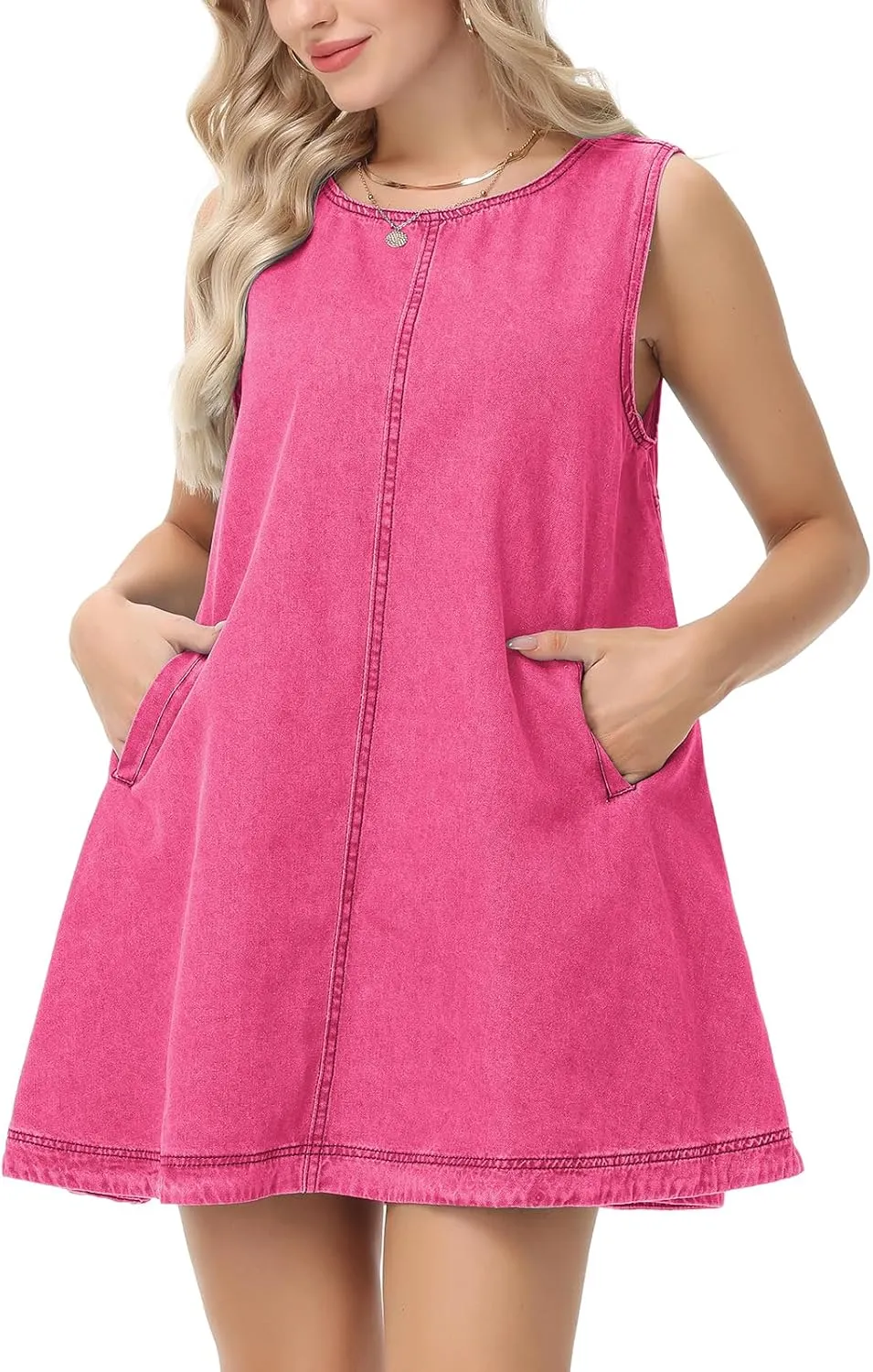 Women's Sleeveless Casual Denim Dress Crewneck Vintage Babydoll Jean Mini Dresses with Pockets