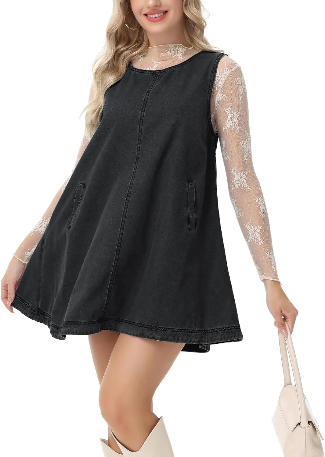 Women's Sleeveless Casual Denim Dress Crewneck Vintage Babydoll Jean Mini Dresses with Pockets