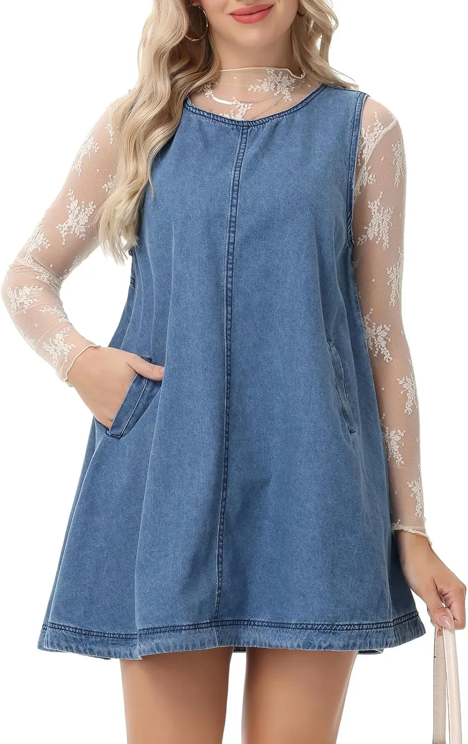 Women's Sleeveless Casual Denim Dress Crewneck Vintage Babydoll Jean Mini Dresses with Pockets