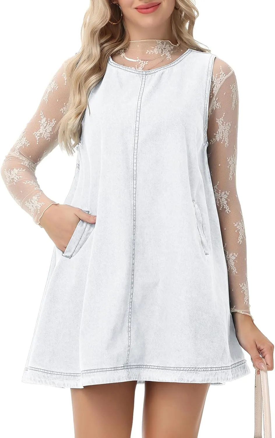 Women's Sleeveless Casual Denim Dress Crewneck Vintage Babydoll Jean Mini Dresses with Pockets