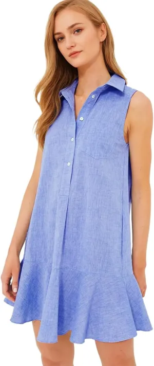 Women's Sleeveless Shirt Dress Summer Collared Button Down Ruffle Hem Tank Mini Dress
