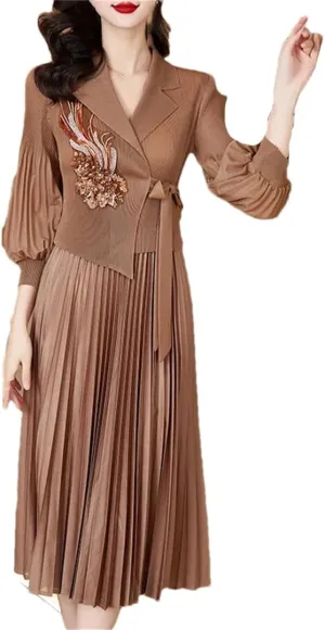Women's Slim 3/4 Sleeve Fit Pleated Long Skirt Solid Color Printed Midi Waist Pleated Skirt