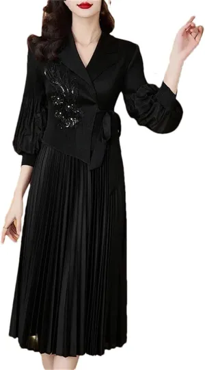 Women's Slim 3/4 Sleeve Fit Pleated Long Skirt Solid Color Printed Midi Waist Pleated Skirt