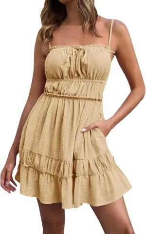 Womens Spaghetti Strap Mini Dress 2025 Summer Backless Self Tie Ruffle Beach Sundress, Vestidos Casuales para Mujer