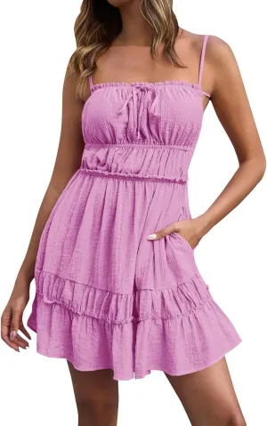 Womens Spaghetti Strap Mini Dress 2025 Summer Backless Self Tie Ruffle Beach Sundress, Vestidos Casuales para Mujer