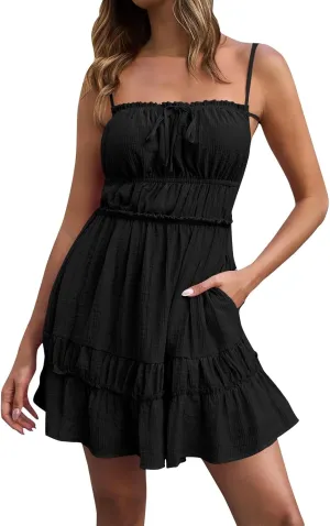 Womens Spaghetti Strap Mini Dress 2025 Summer Backless Self Tie Ruffle Beach Sundress, Vestidos Casuales para Mujer