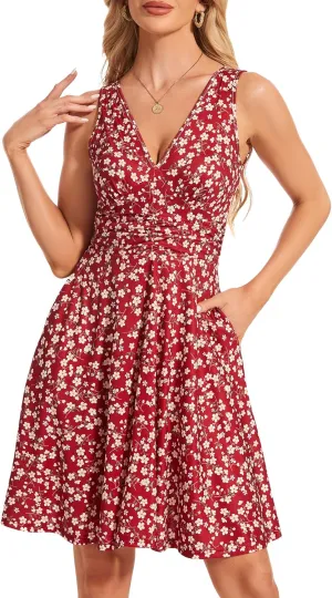 Women's Spring Floral Sundress Sexy V Neck Sleeveless Ruffle Flowy Tank Short Summer Dress with Pockets