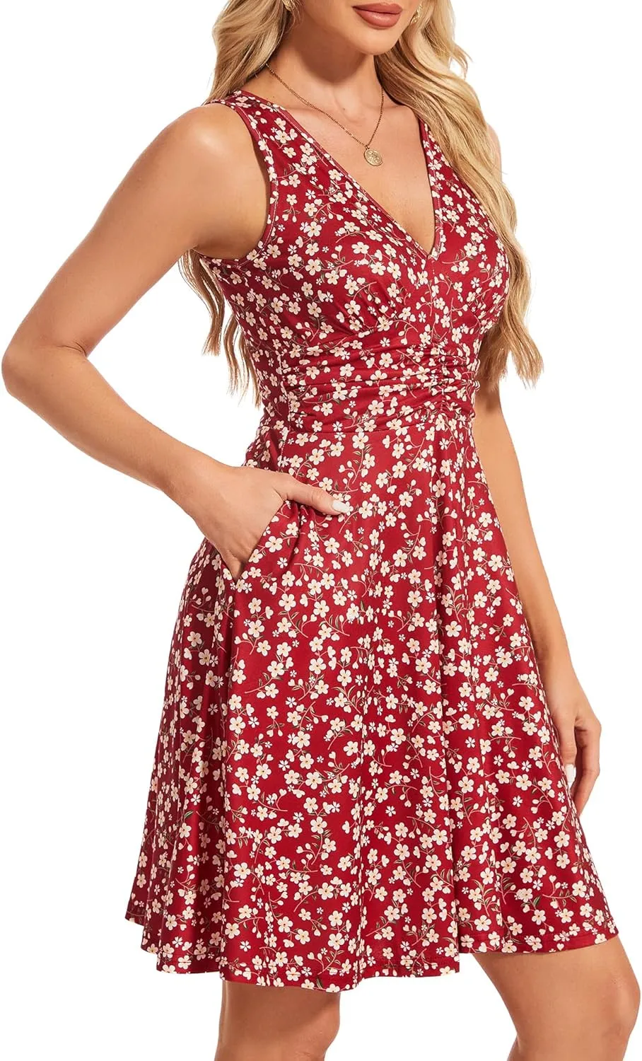 Women's Spring Floral Sundress Sexy V Neck Sleeveless Ruffle Flowy Tank Short Summer Dress with Pockets