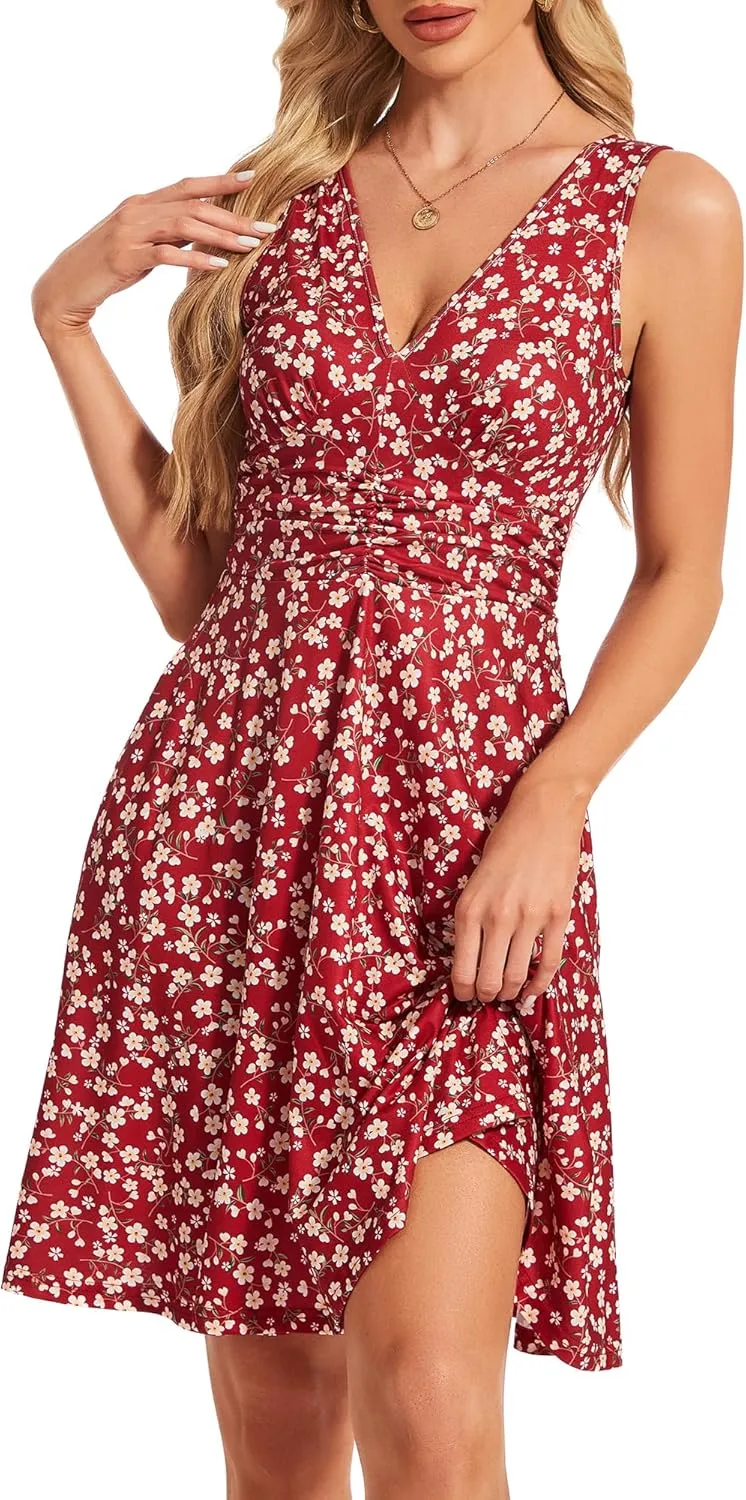 Women's Spring Floral Sundress Sexy V Neck Sleeveless Ruffle Flowy Tank Short Summer Dress with Pockets