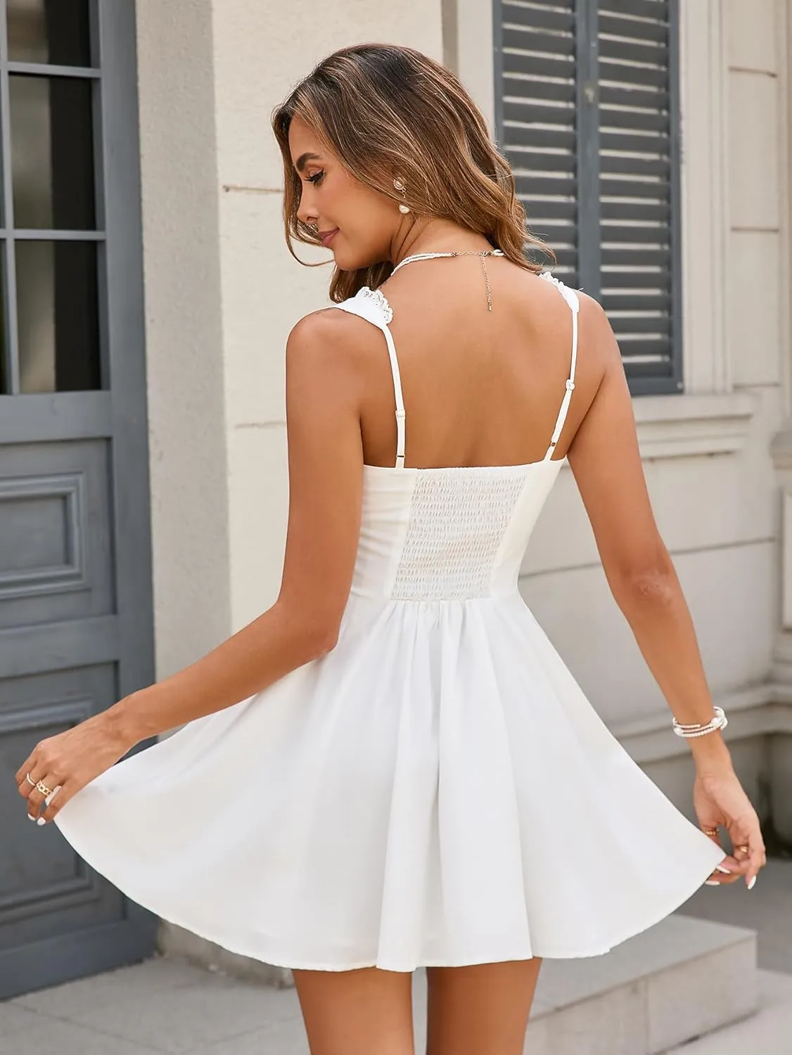 Women's Square Neck Lace Summer Casual Mini Dress Ruffle Flowy A Line Corset Buttons Cute Short Graduation Dresses
