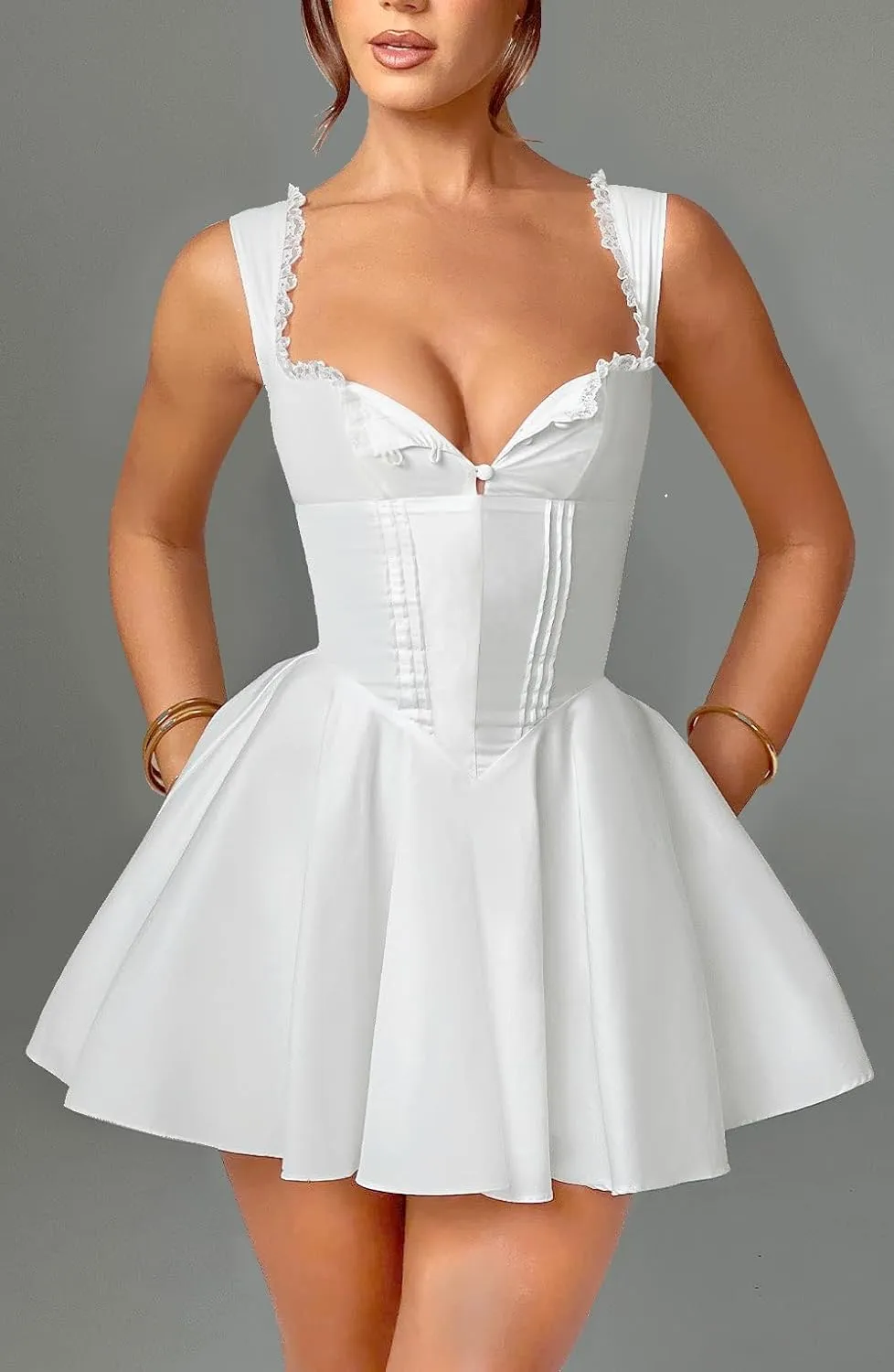 Women's Square Neck Lace Summer Casual Mini Dress Ruffle Flowy A Line Corset Buttons Cute Short Graduation Dresses