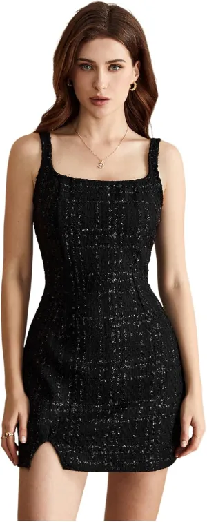 Women's Square Neck Sparkly Dress Sleeveless Split Hem Elegant Mini Tank Dresses