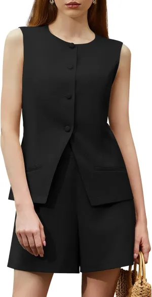 Women's Summer 2 Piece Outfits Sleeveless Round Neck Button Down High Waisted Pants Business Work Sets