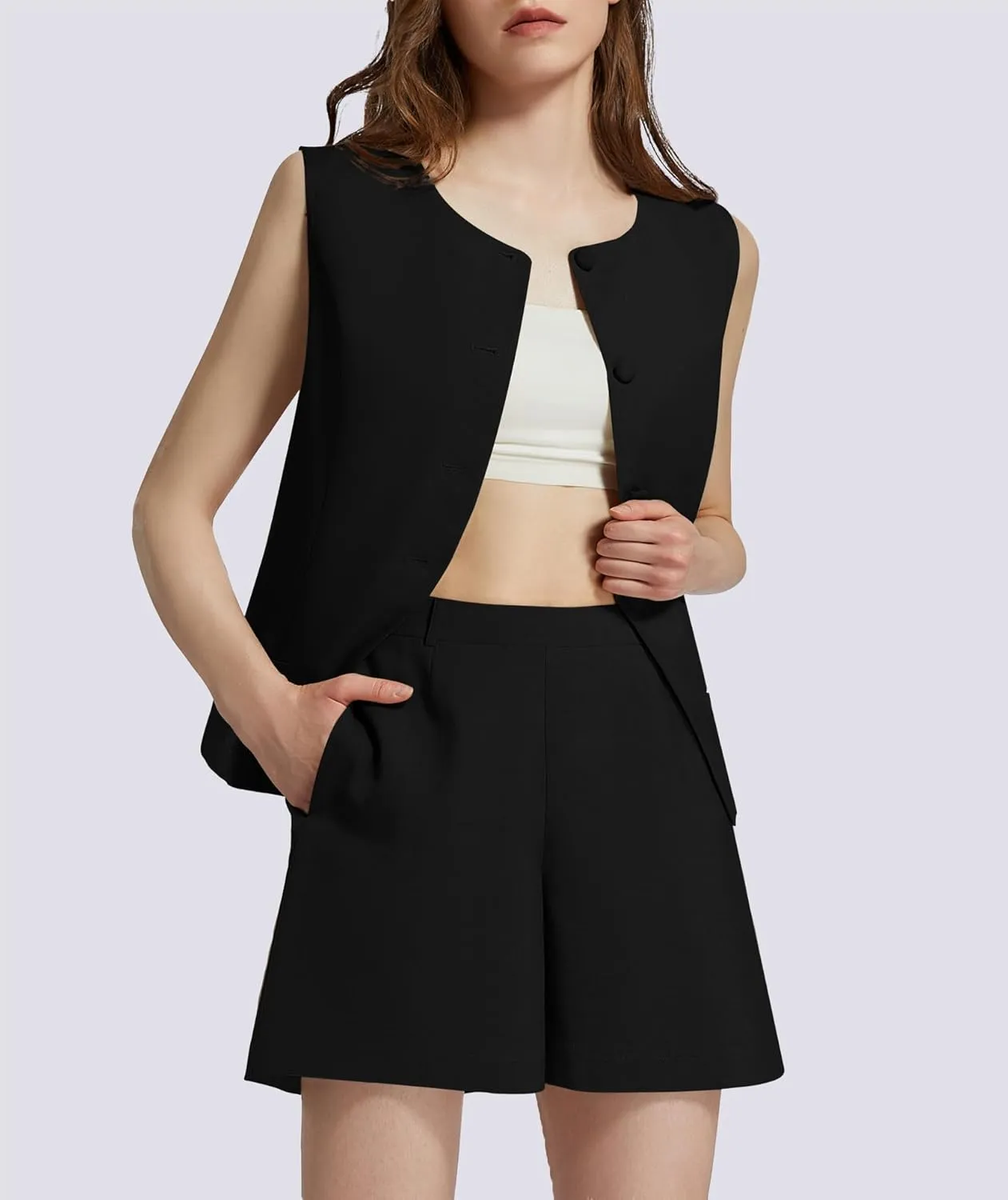 Women's Summer 2 Piece Outfits Sleeveless Round Neck Button Down High Waisted Pants Business Work Sets