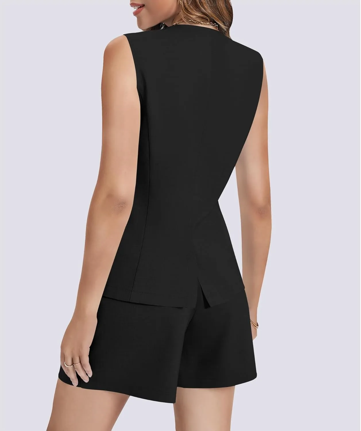 Women's Summer 2 Piece Outfits Sleeveless Round Neck Button Down High Waisted Pants Business Work Sets